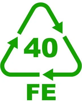 Recycling code icon, green triangular symbol with arrows, number 40, letters FE Stock Illustration