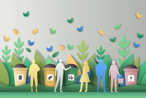 Recycling concept people sorting waste in nature paper cut style colorful bins Stock Illustration