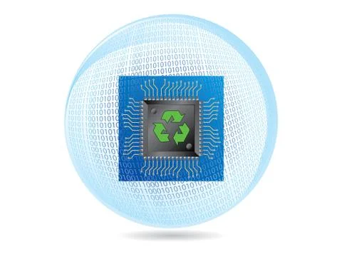 Recycling ecology binary sphere with microchip and circuit board over white Stock Illustration