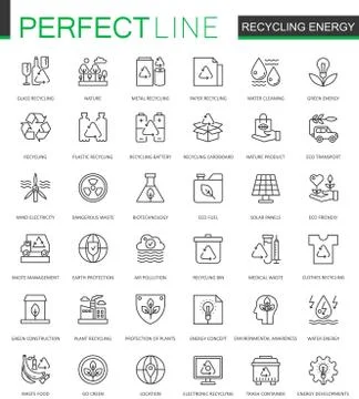 Recycling energy thin line web icons set. Renewable energy, green technology Illustrazione stock