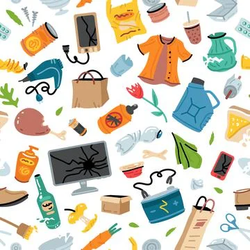 Recycling garbage seamless pattern with trash items Stock Illustration
