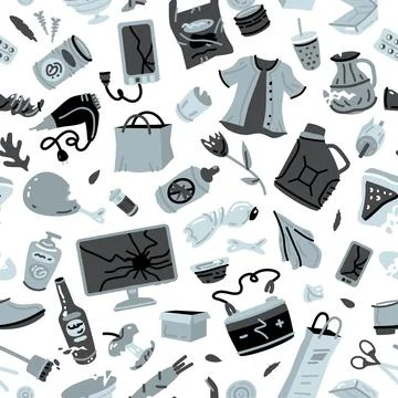 Recycling garbage seamless pattern with trash items Stock Illustration