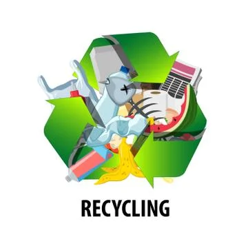 Recycling label with different types of waste. Reduce pollution sign. Stock Illustration