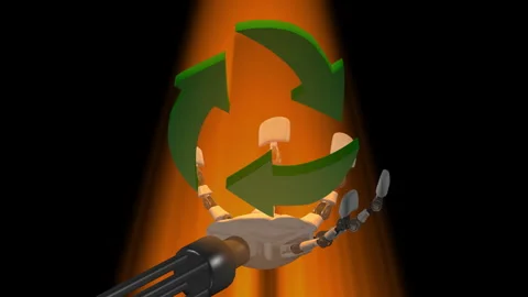 Recycling logo in robot hand Stock Footage 335137566