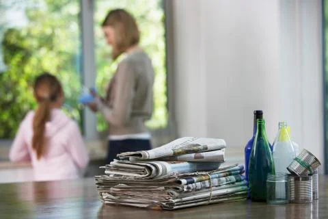 Recycling Material On Kitchen Table Stock Photos