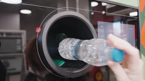 Recycling plastic concept automatic machine for receiving empty cans and bottles Stock Footage 263423126