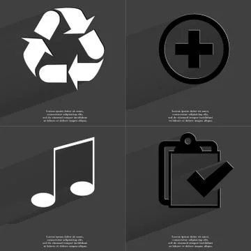 Recycling, Plus sign, Note, Task completed icon. Symbols with long shadow. Flat Stock Illustration