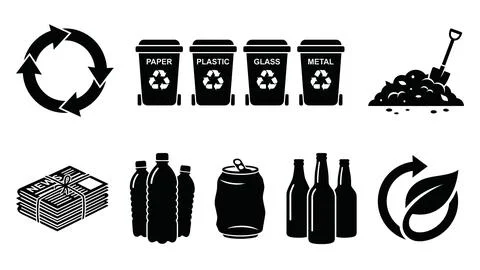 Recycling process and waste sorting black and white vector icons for enviro.. Ilustração Stock