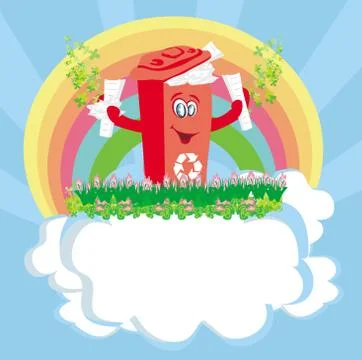 Recycling red bin with papers - character illustration Stock Illustration