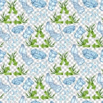 Recycling sign pattern and plastic trash watercolor Stock Illustration