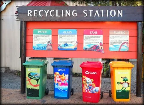 Recycling Station with separate container for different kinds of garbage Stock Photos