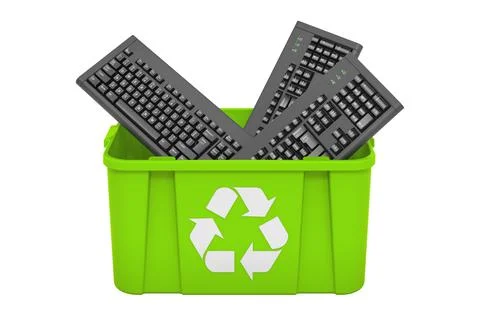 Recycling trashcan with computer keyboards. 3D rendering Illustrazione stock
