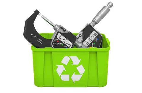 Recycling trashcan with digital micrometer. 3D rendering Ilustración de archivo