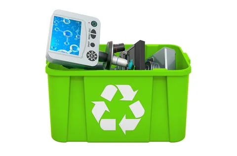 Recycling trashcan with digital microscope, 3D rendering Stock Illustration