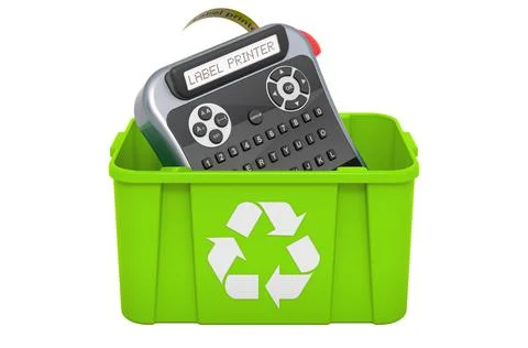 Recycling trashcan with label printer. 3D rendering Stock Illustration