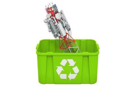 Recycling trashcan with mobile tower with cellular phone antennas. 3D renderi Stock Illustration