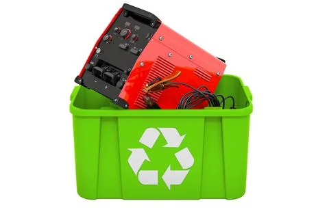 Recycling trashcan with multi-process welder machine, 3D rendering Illustrazione stock