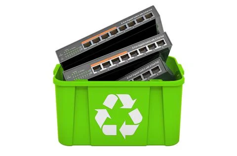Recycling trashcan with network switch, 3D rendering Stock Illustration