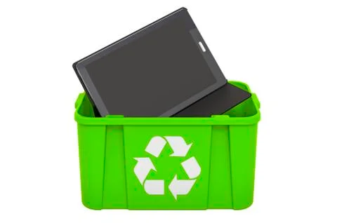 Recycling trashcan with tablet computer, 3D rendering Illustrazione stock