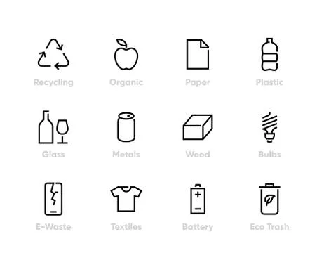Recycling vector icons. Sorting Garbage, Reclamation, Trash Types. Editable line 스톡 일러스트