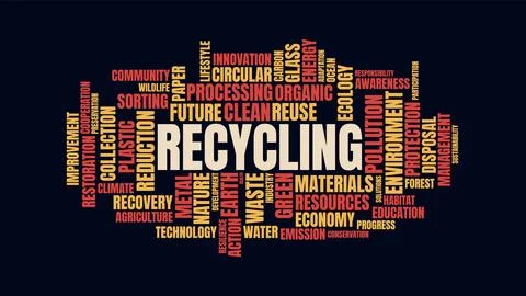Recycling word cloud concept with environmental terms on dark background 스톡 일러스트