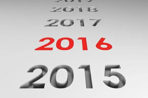 Red 2016 numeral is standing in 3D render on light-gray plane, showing receding Stock Illustration