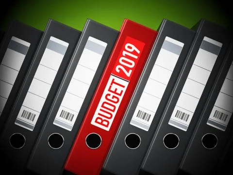 Red 2019 budget folder between black folders. 3D illustration Stock Illustration