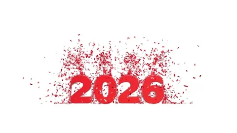 Red 2026 text with two red confetti jets - 3D rendering animation Video stock 312142551