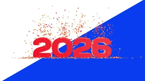 Red 2026 text with two red confetti jets - 3D rendering 스톡 동영상 312324182
