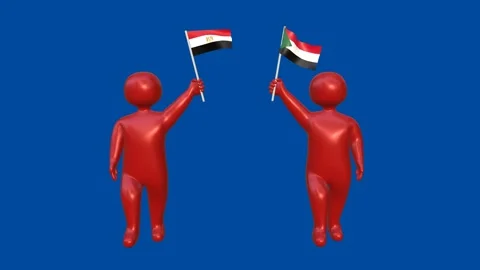 Red 3D characters raising Egypt and Sudan flags on blue screen Stock Footage 320353260
