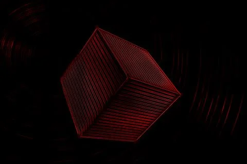 Red 3D cube on a black background with barely visible rings Stock Illustration