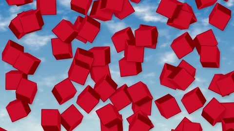 Red 3D Cubes Falling Downward Against a Blue Sky Background Stock Footage 346570770