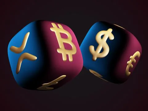 Red 3D dices with crypto logos Bitcoin, Litecoin and Dollar sign Illustration