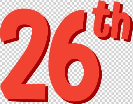 Red 3D digits 26 with superscript th are casting shadows on transparent 스톡 일러스트