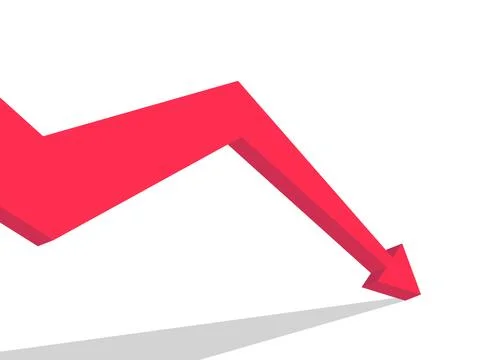 Red 3d down arrow on white background, market crash. Collapse of the stock .. Stock Illustration