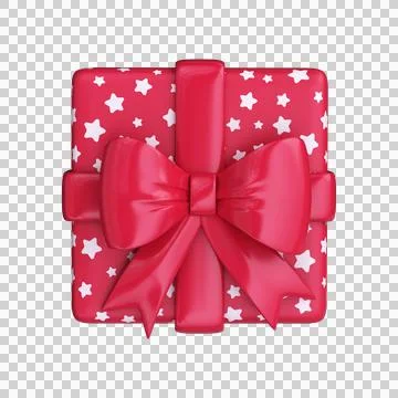 Red 3D gift box with a pattern of stars, top view. Illustrazione stock