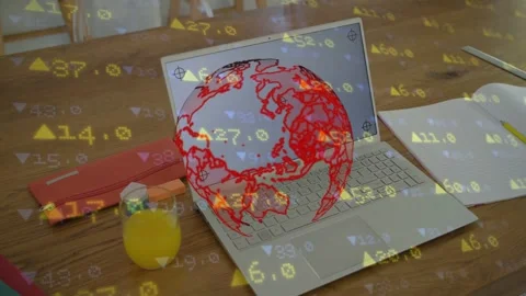 Red 3D globe appearing over laptop, rotating while yellow tickers flickering, Video stock 334881796