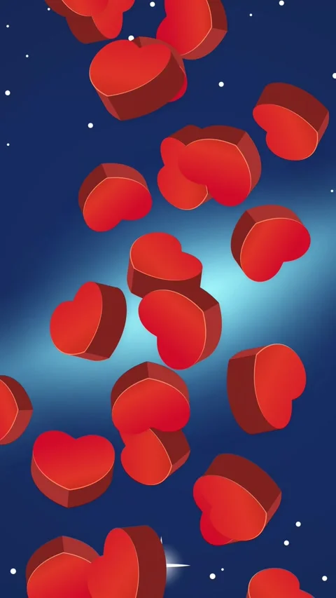 Red 3D Hearts Falling Against a Blue Starry Night Sky Background Stock Footage 345294142