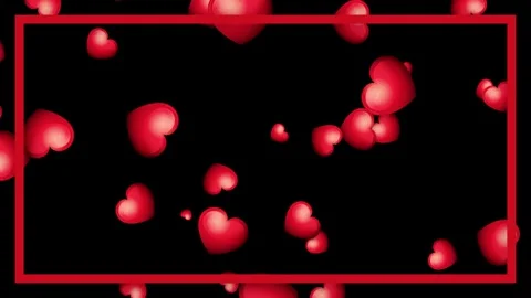 Red 3D Hearts Falling Through a Rectangular Frame on Black Background Stock Footage 339754200