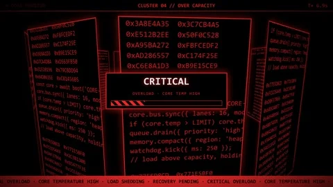 Red 3D Hex Code Panels Critical Core Temperature Overload Warning Animation. Видео 347575377