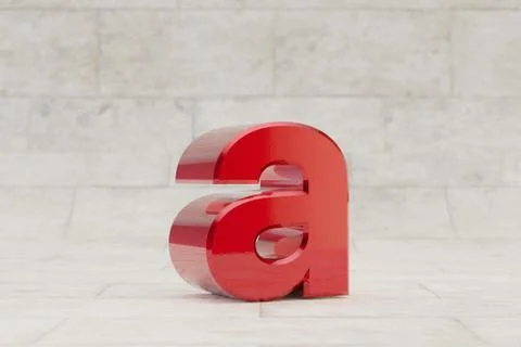 Red 3d letter A lowercase. Glossy red metallic letter on stone tile backgroun Stock Illustration