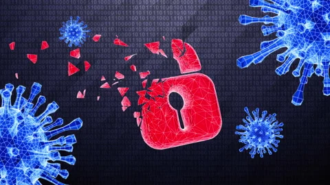Red 3D lock icon scattered in cyberspace infected by virus. Stock Footage 231617232