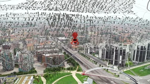 Red 3D map pin emerging from red highlight, hovering while segmented route Stock Footage 339448619