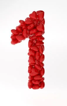 Red 3d number 1 made of red hearts. 3d rendering numbers for valentine's day. Stock Illustration