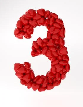 Red 3d number 3 made of red hearts. 3d rendering numbers for valentine's day. Stock Illustration