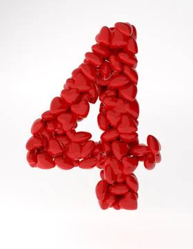 Red 3d number 4 made of red hearts. 3d rendering numbers for valentine's day. Stock Illustration