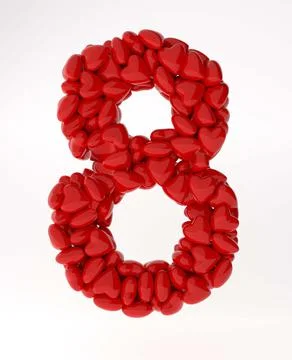 Red 3d number 8 made of red hearts. 3d rendering numbers for valentine's day. Stock Illustration