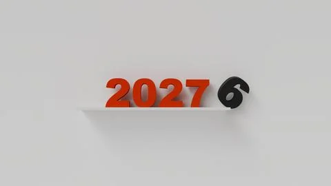 Red 3D numbers 2027 standing on a shelf, with the number 6 falling off agai.. Stock Illustration