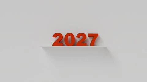 Red 3D numbers 2027 standing on a shelf against a white wall, representing .. Stock Illustration