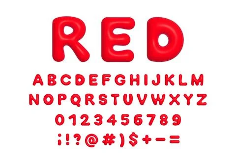 Red 3d plastic balloon alphabet, symbols and numbers. Shiny inflated Y2K font Stock Illustration